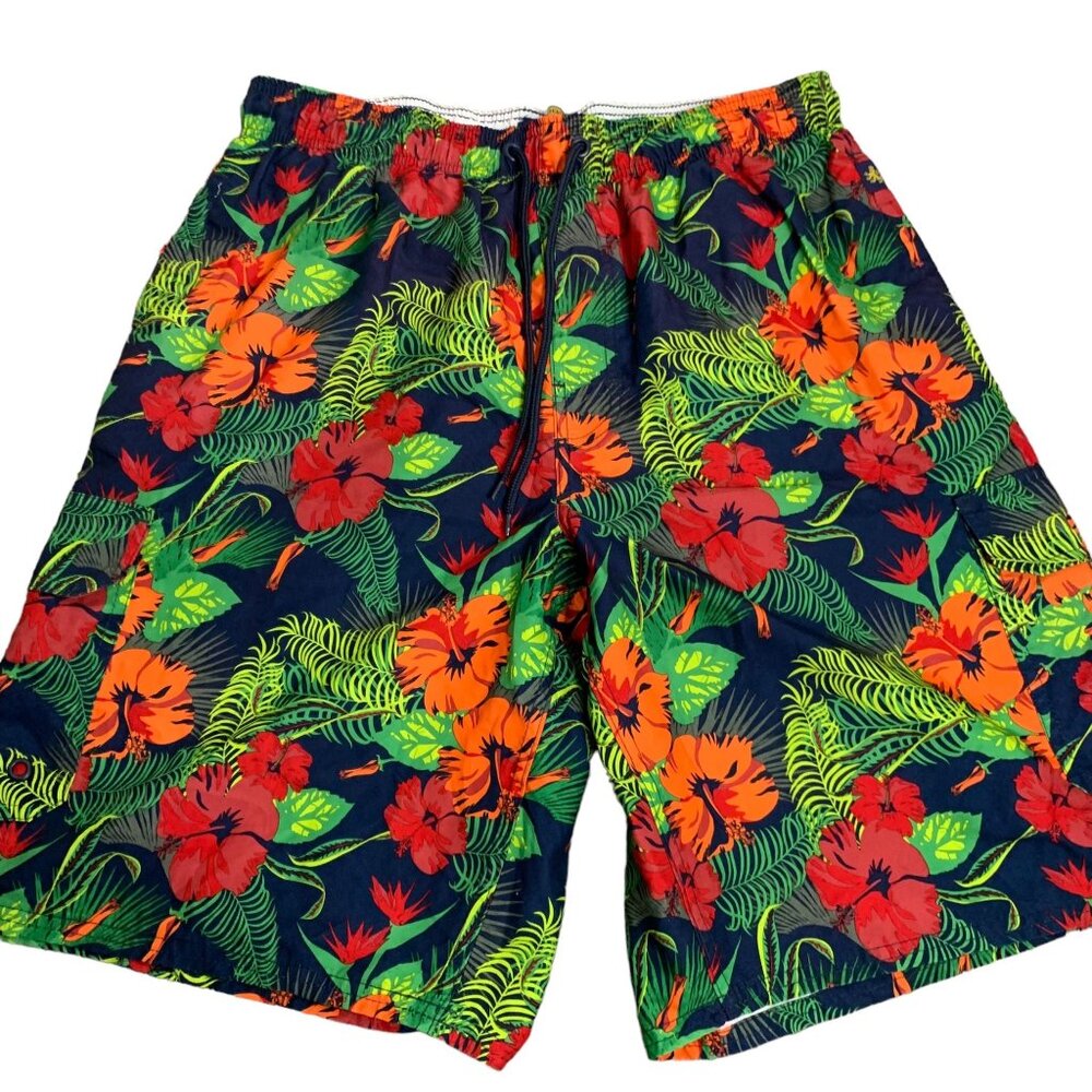 Rugby University Board Shorts Swim Trunks M Blue Floral Pockets Mesh Lining